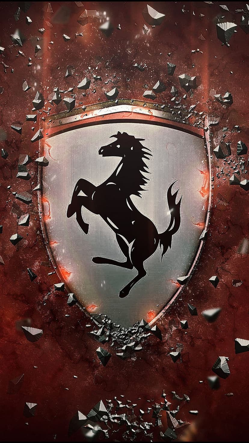Black Ferrari prancing horse logo shattering into fragments against a crimson textured shield and background.