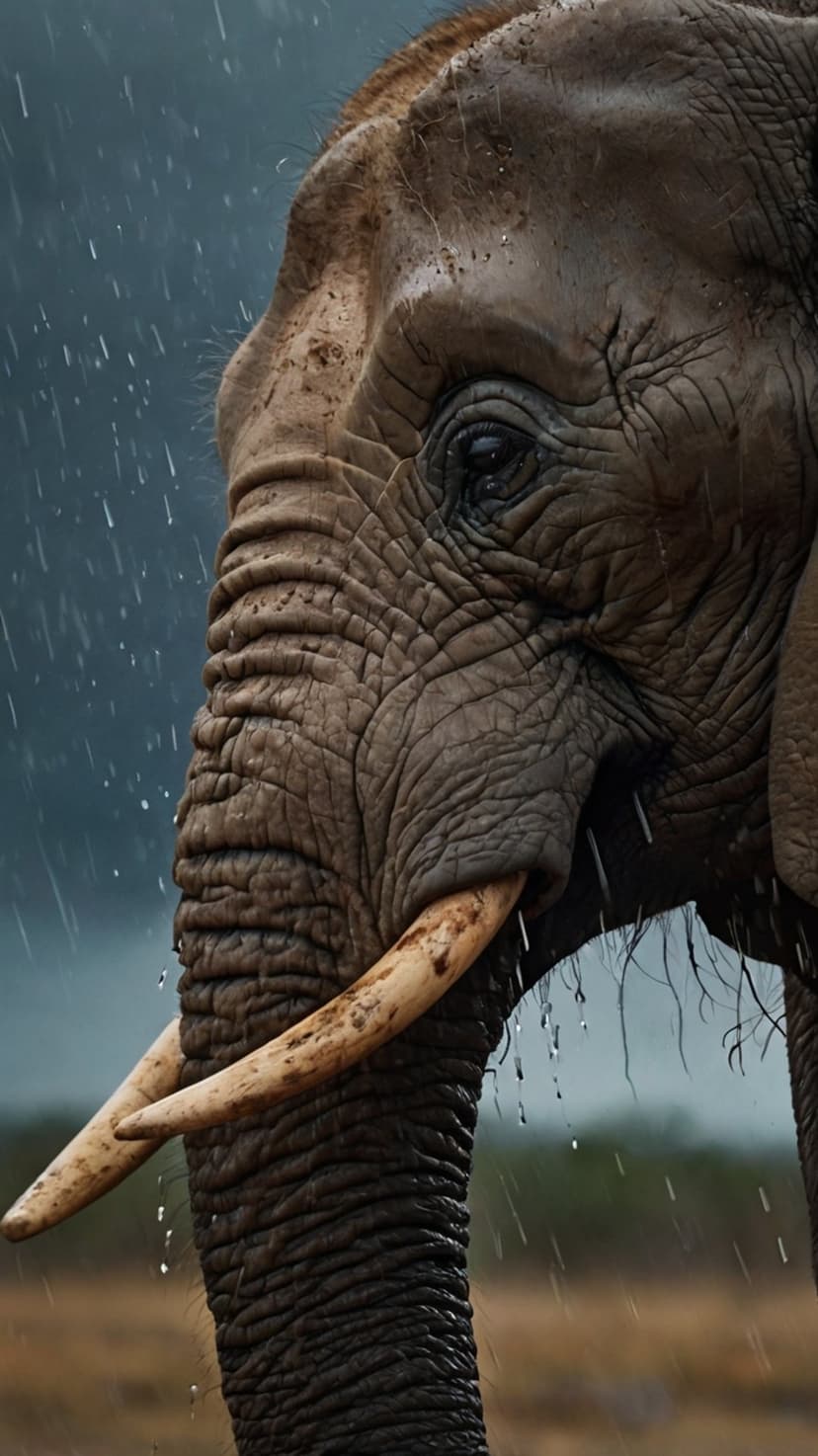 African elephant head with textured grey skin and long tusks standing in falling rain with a watchful eye visible.