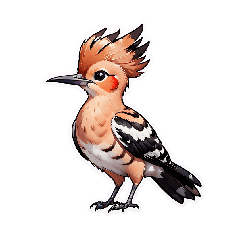 Peach hoopoe bird sticker illustration shown in profile with a tall crest and striped black and white wings.
