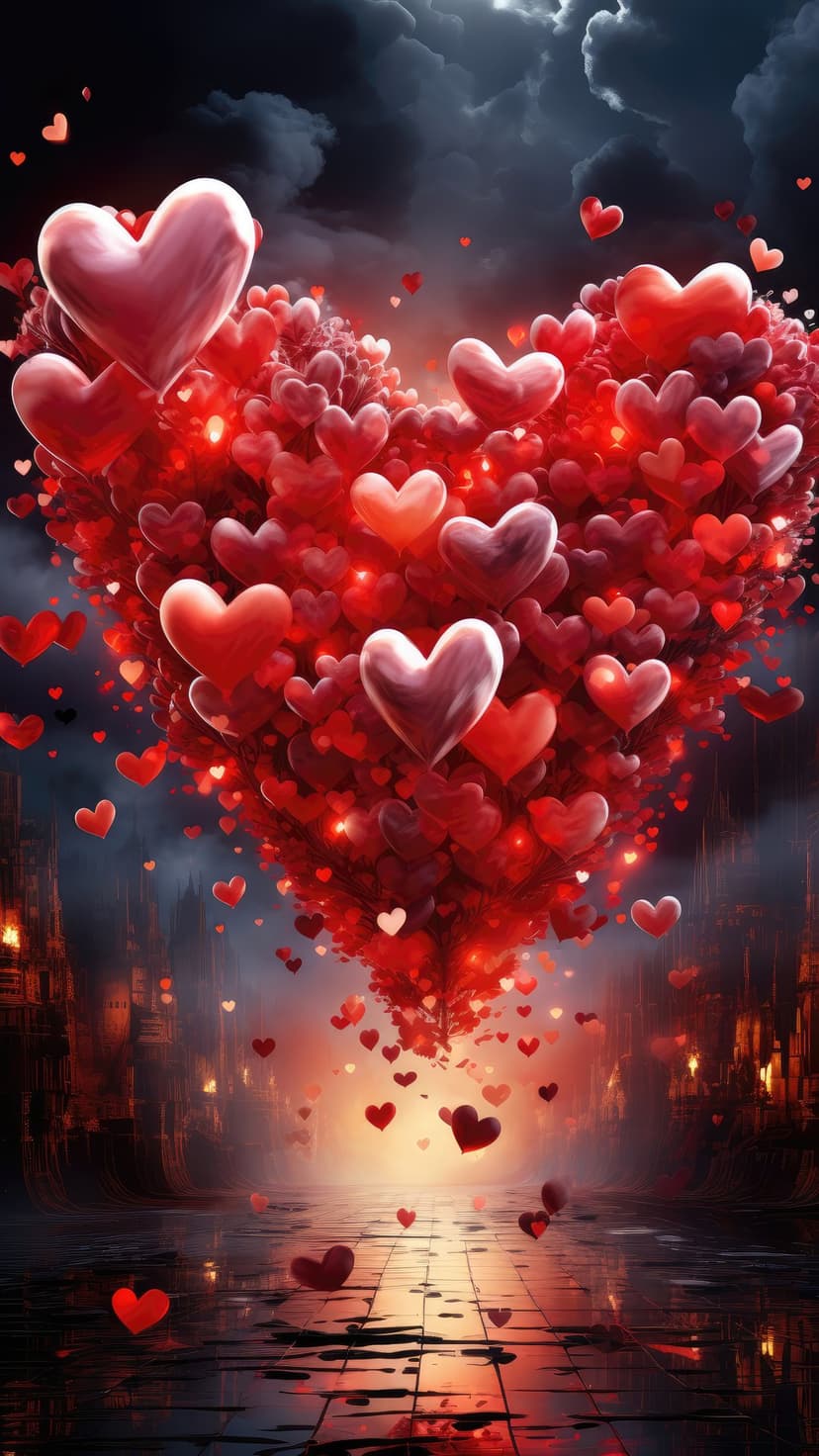 Red hearts of various sizes fall through the air above a wet city street with glowing building reflections.
