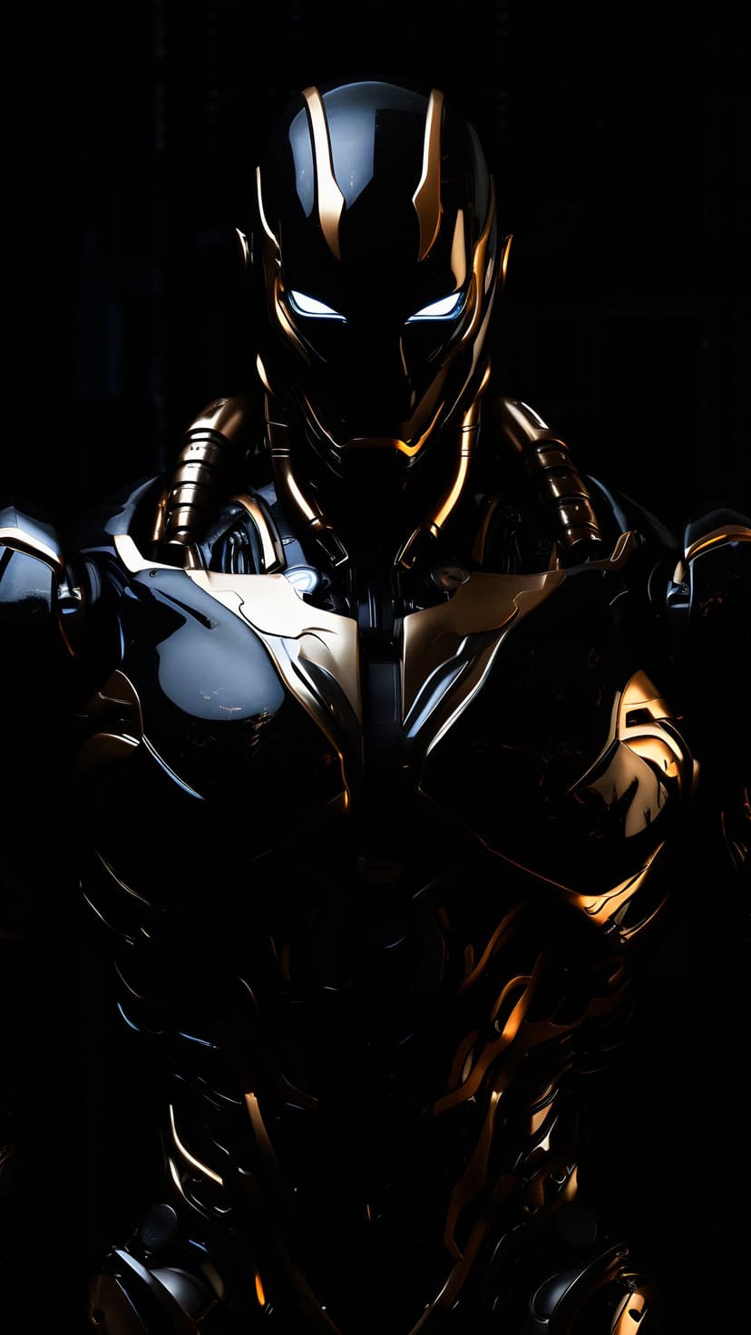 Robotic soldier with glowing white eyes and gold-plated armor panels emerging from dark atmospheric shadows.