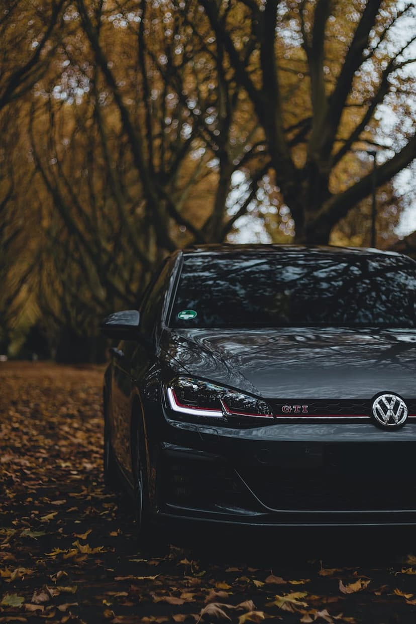 Dark gray Volkswagen GTI with glowing headlights parked on orange fallen leaves along a misty tree-lined path.