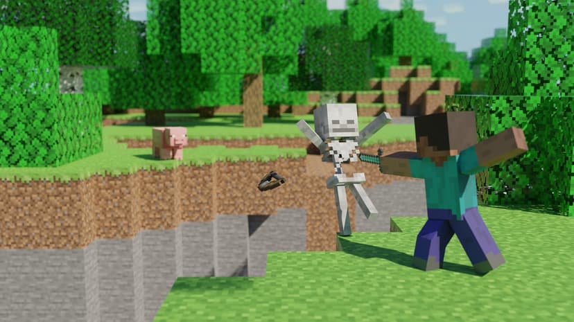 Steve fights a skeleton with a diamond sword on a grassy cliff edge in a bright Minecraft forest world.