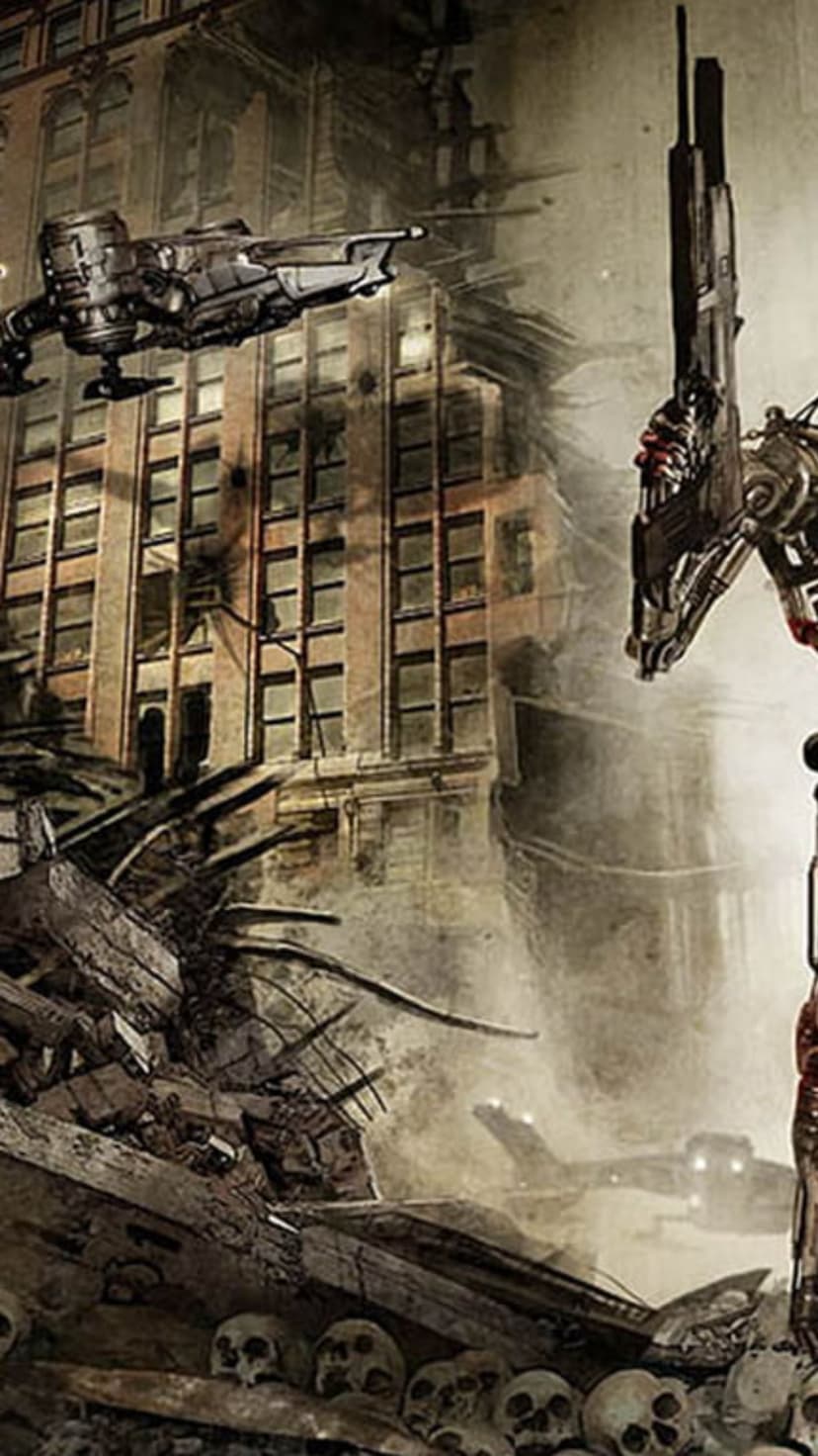 Large mechanical robot stands amidst urban ruins and human skulls under a dusty, smog-filled dystopian sky.