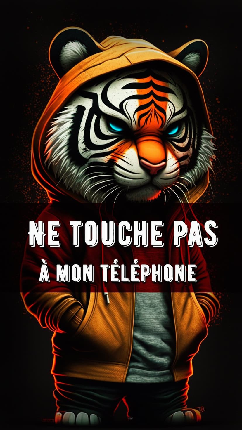 Tiger wearing a hoodie with glowing blue eyes and text reading Ne Touche Pas à Mon Téléphone on its chest.