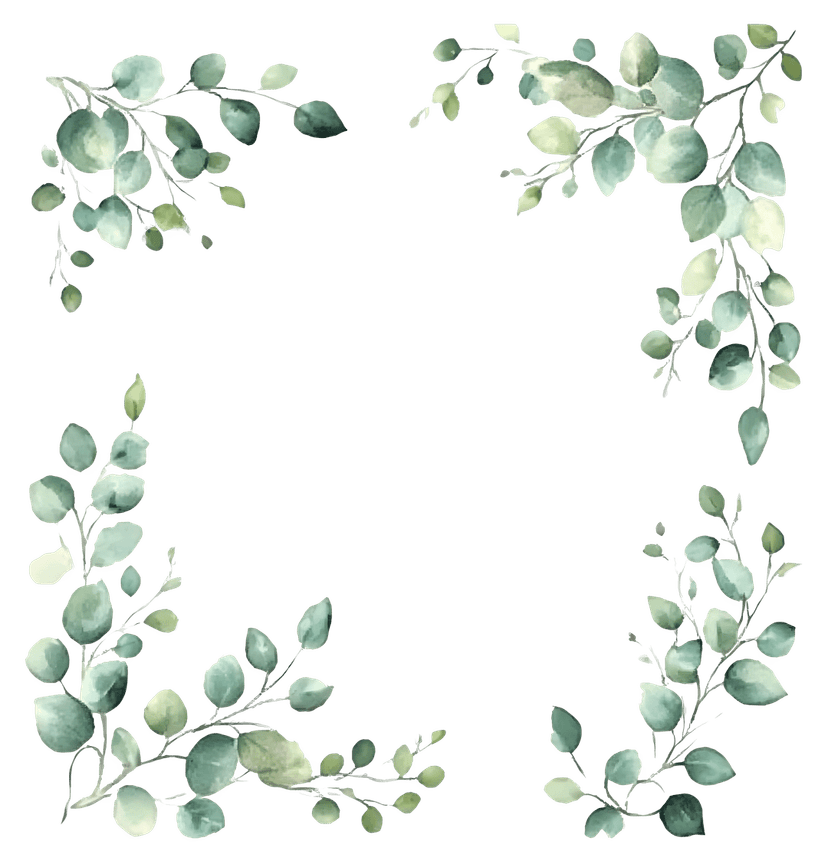 Botanical foliage border featuring handpainted green leaves and watercolor stems surrounding a central white space.