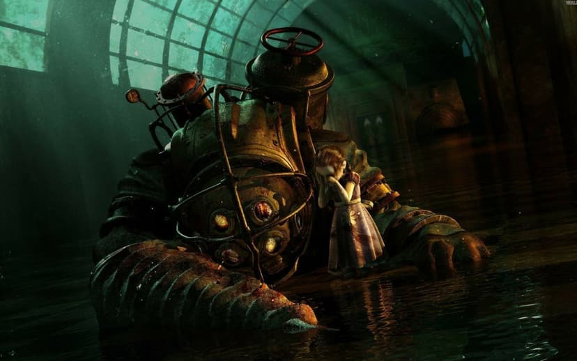 A fallen Big Daddy suit lies on a flooded floor beside a weeping Little Sister in a dark underwater room.