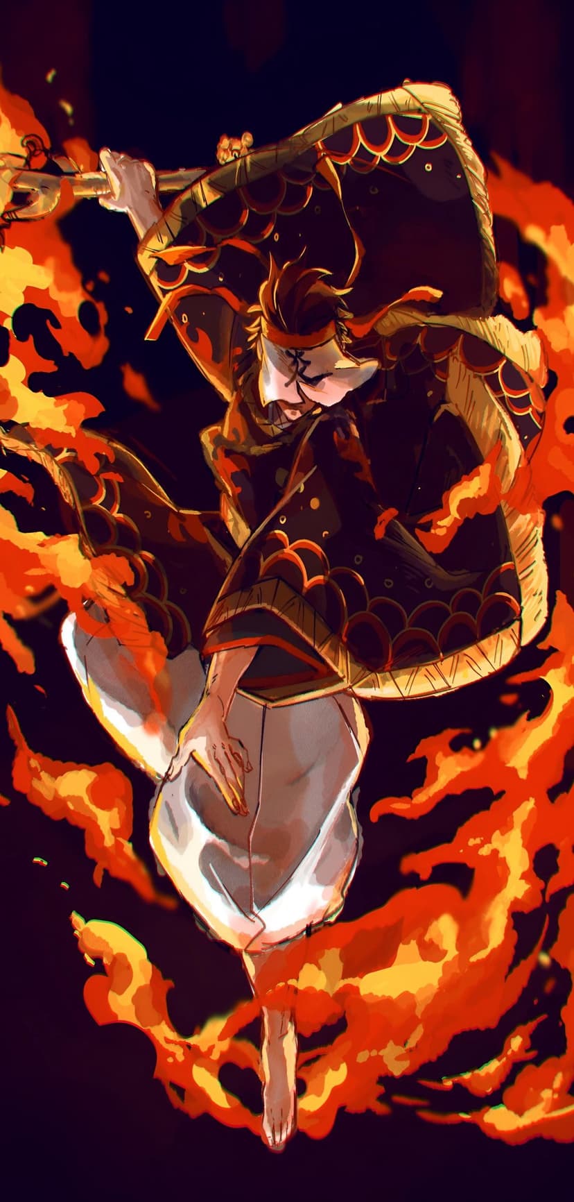 Warrior in an ornate robe leaps through bright orange fire while holding a weapon against a black background.