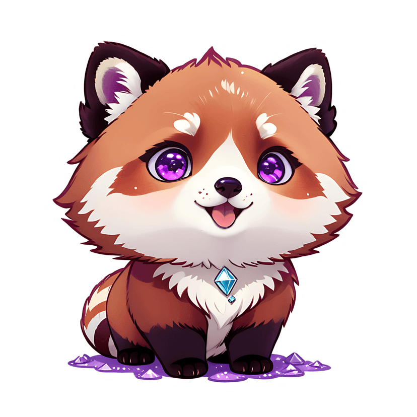 Red panda sticker illustration shows fluffy fur, purple eyes, a blue gem pendant, and violet crystals.