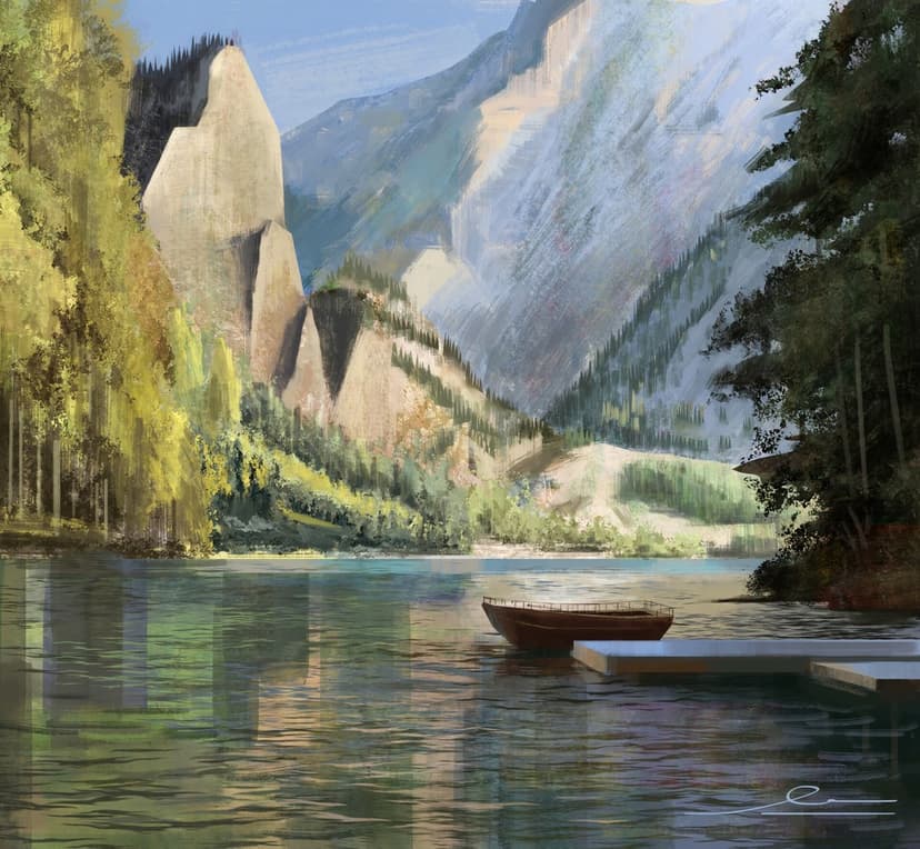 Wooden boat docked on a still lake reflecting snow-capped mountains and green pine forests under a blue sky.
