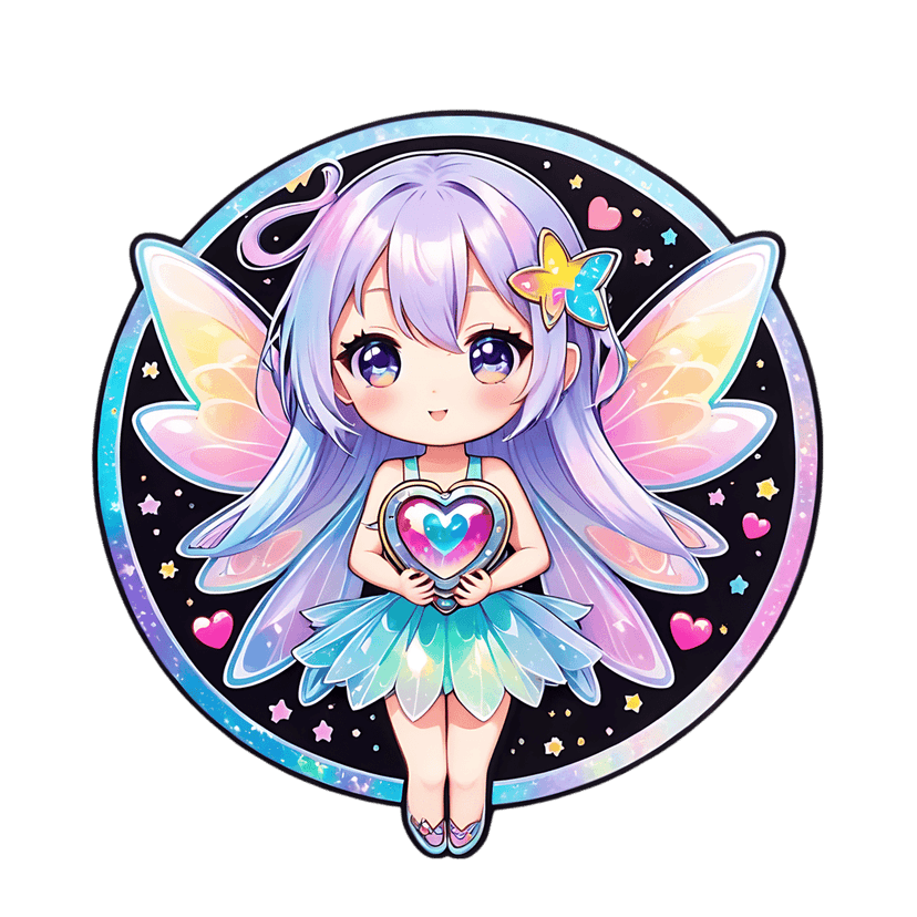 Chibi fairy girl with purple hair holds a glowing heart locket while displaying rainbow iridescent wings.