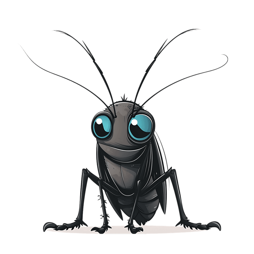 Cartoon cockroach with large blue eyes and long antennae smiling on a transparent background for easy layering.