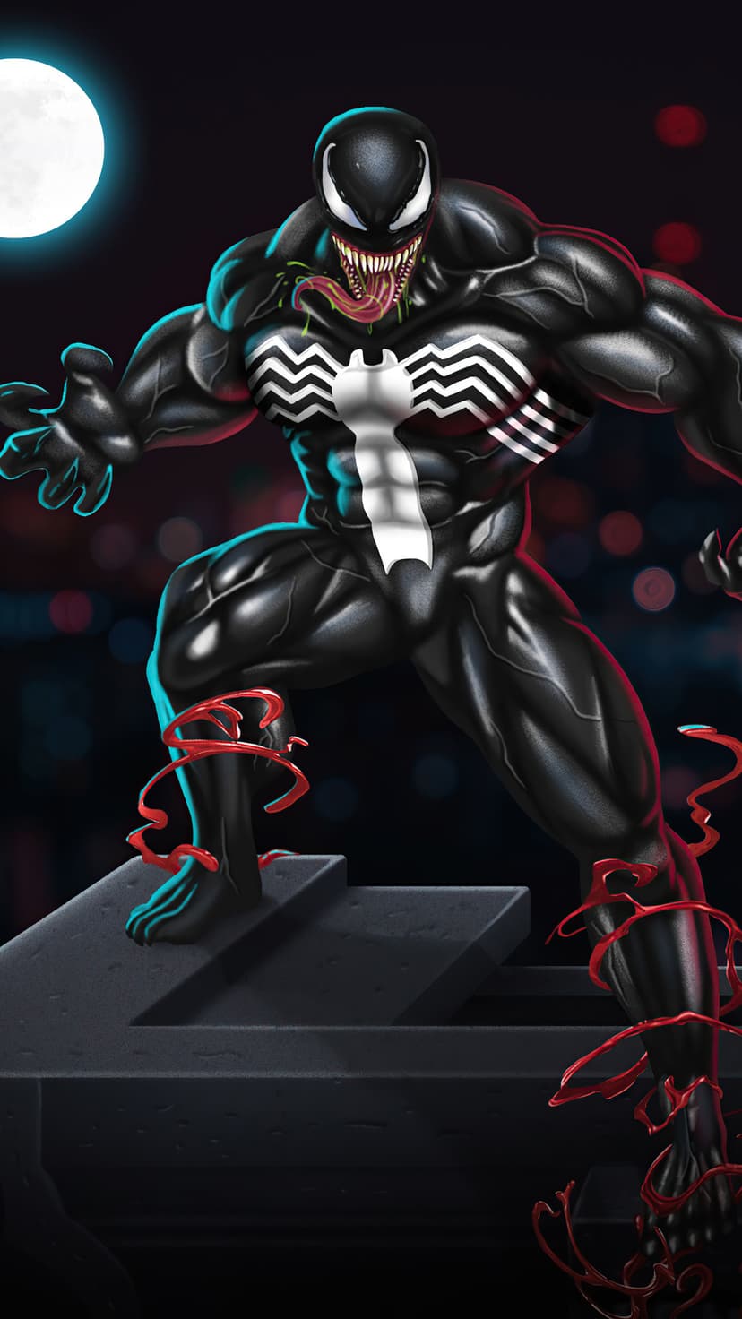 Venom stands on a rooftop with muscular black armor, red fluid tendrils, and a city skyline under moonlight.