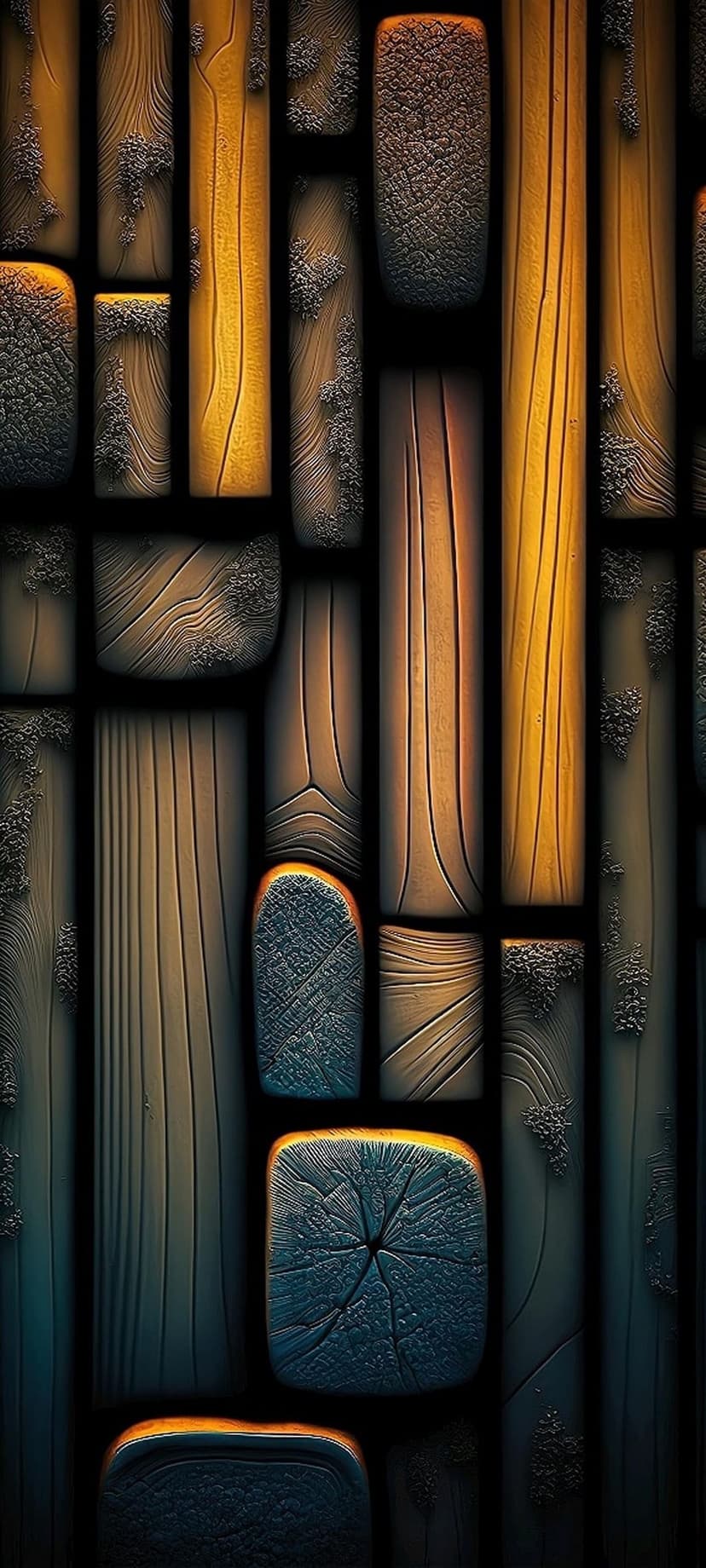 Interlocking wooden blocks with visible grain and knots in shades of orange, yellow, blue, and gray.