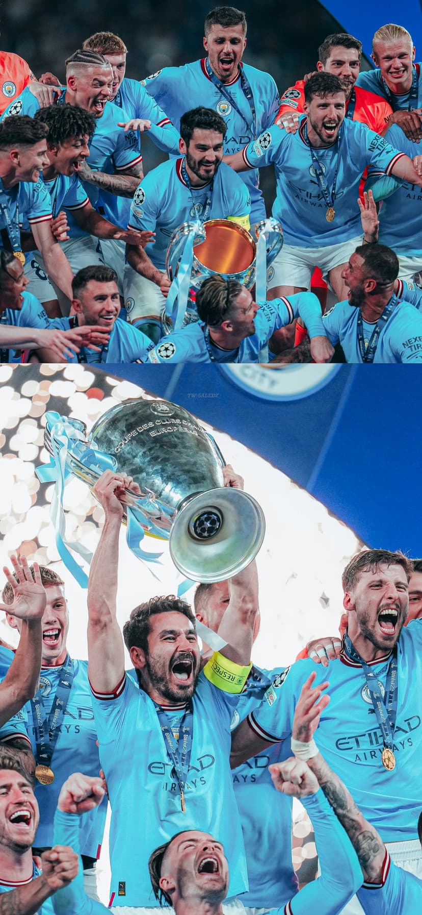 Man City players in sky-blue kits hoist the silver cup as golden confetti rains down during a night match.