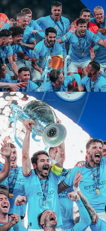 Manchester City Celebrates Champions League Victory with Trophy