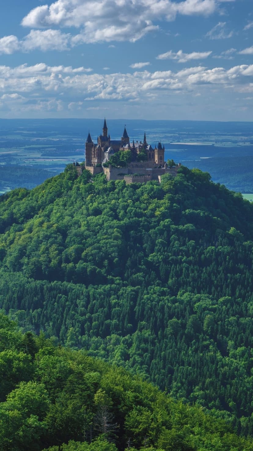 Hohenzollern Castle spires tower over a green mountain ridge under a blue sky with scattered white clouds.
