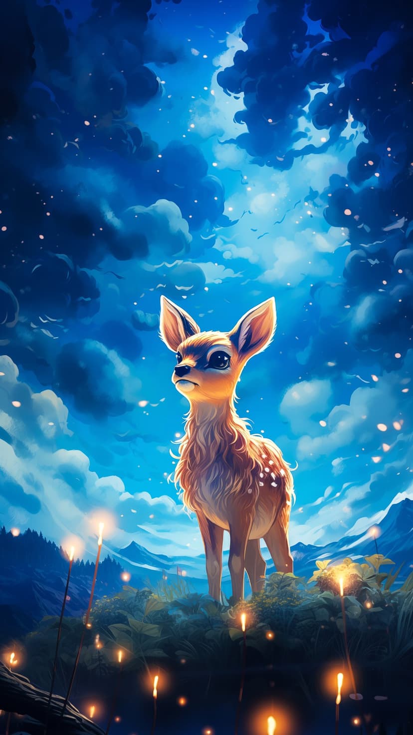 Baby deer with large eyes stands in a glowing meadow under a swirling blue starry sky and distant mountains.