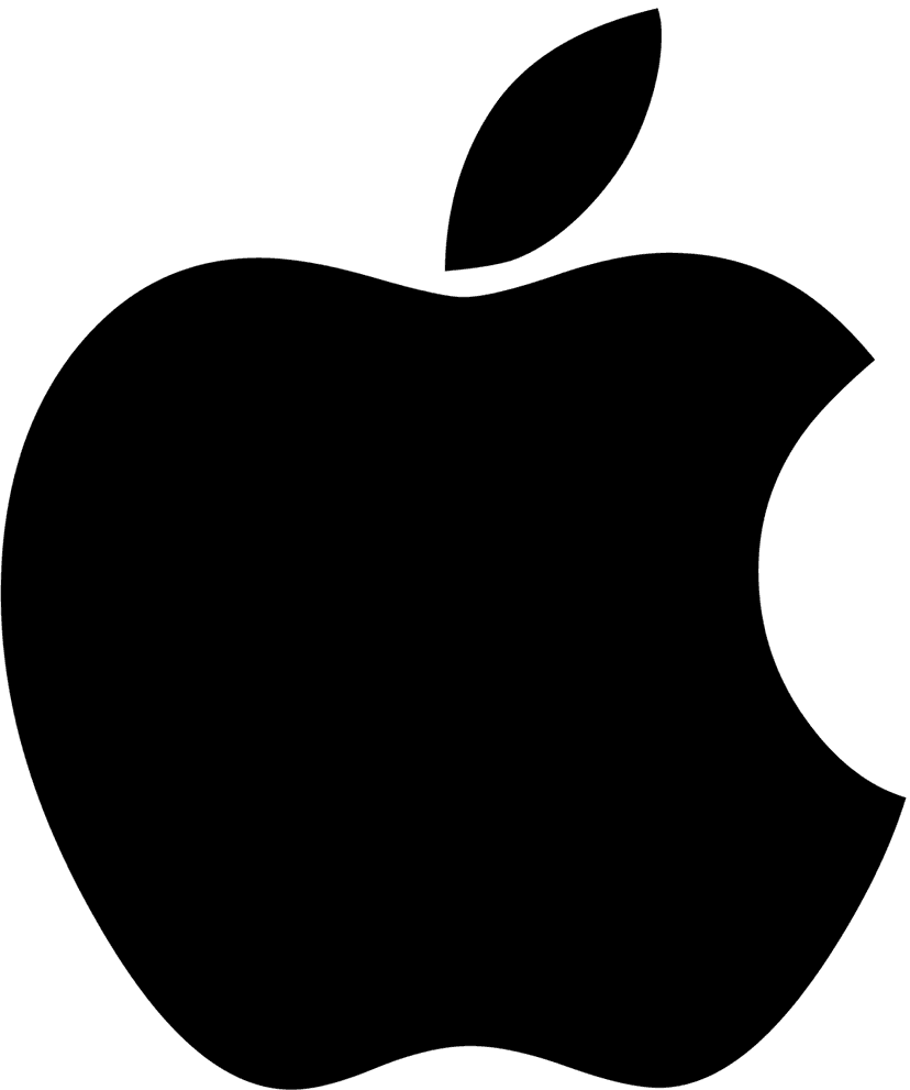 Apple logo silhouette in solid monochrome black featuring a clean bitten shape on a transparent background.