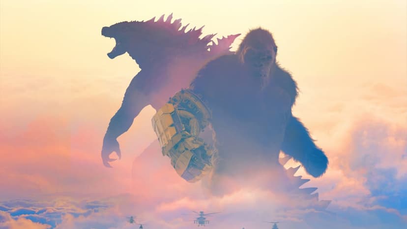 Godzilla and Kong monster battle in a ruined city with blue atomic breath and cinematic neon lighting effects.