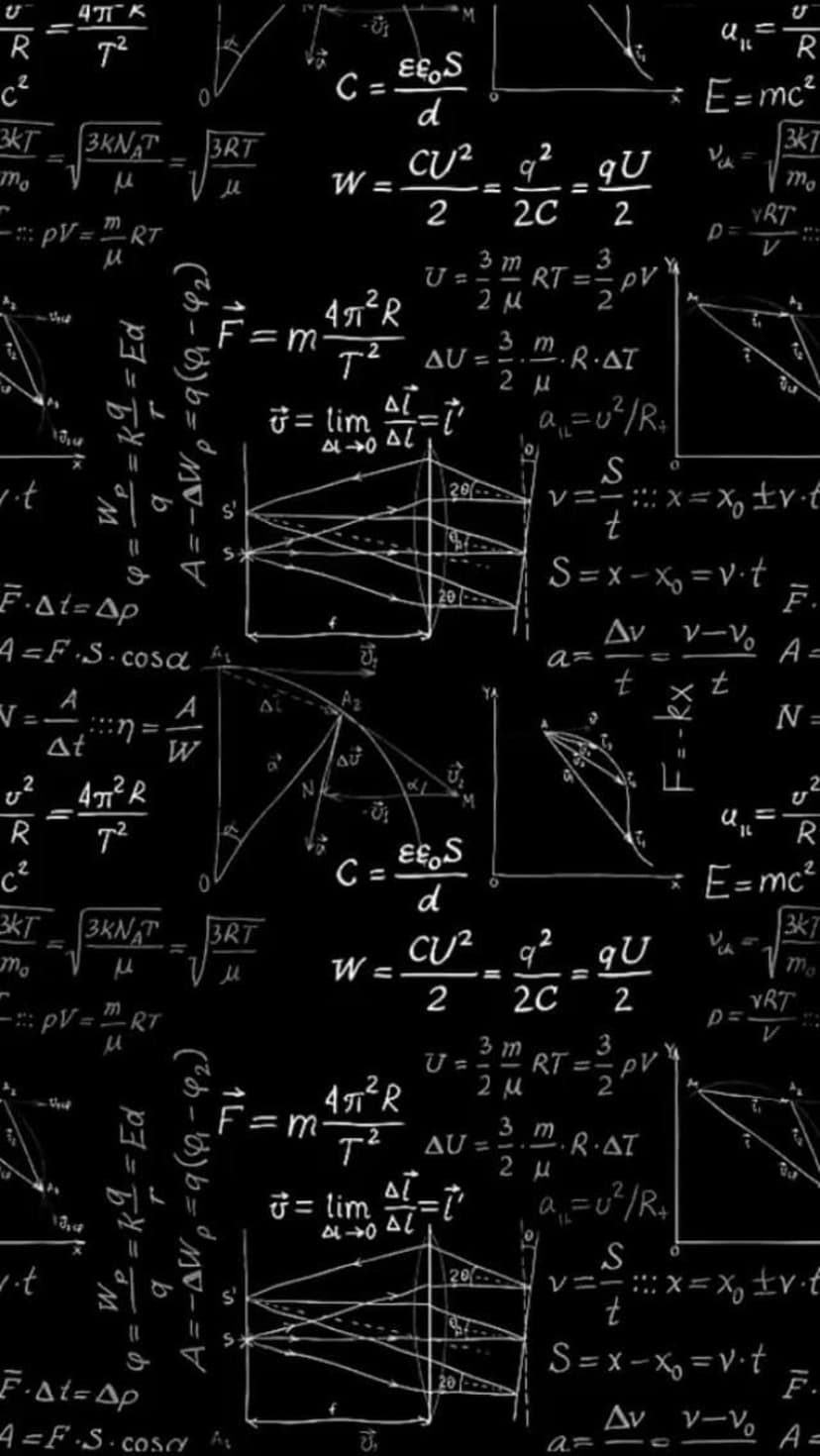 White physics equations and mathematical diagrams hand-drawn on a textured dark chalkboard surface.