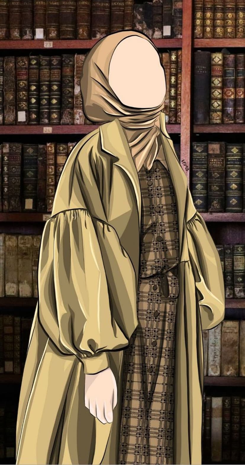 Woman in a beige hijab and tan trench coat stands before tall bookshelves filled with old, leather-bound books.