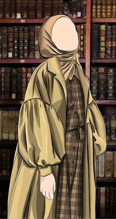 Woman in Hijab and Trench Coat in Library
