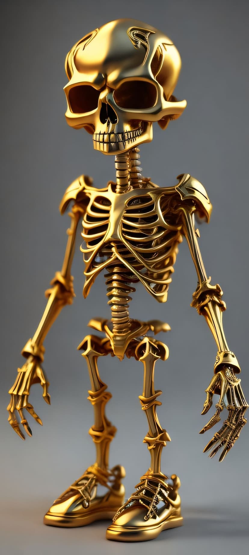 Golden skeleton with an ornate skull and articulated ribs stands wearing shiny sneakers against a grey backdrop.