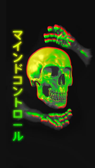 Neon Skull Glitch Art Mobile Wallpaper with Japanese Text