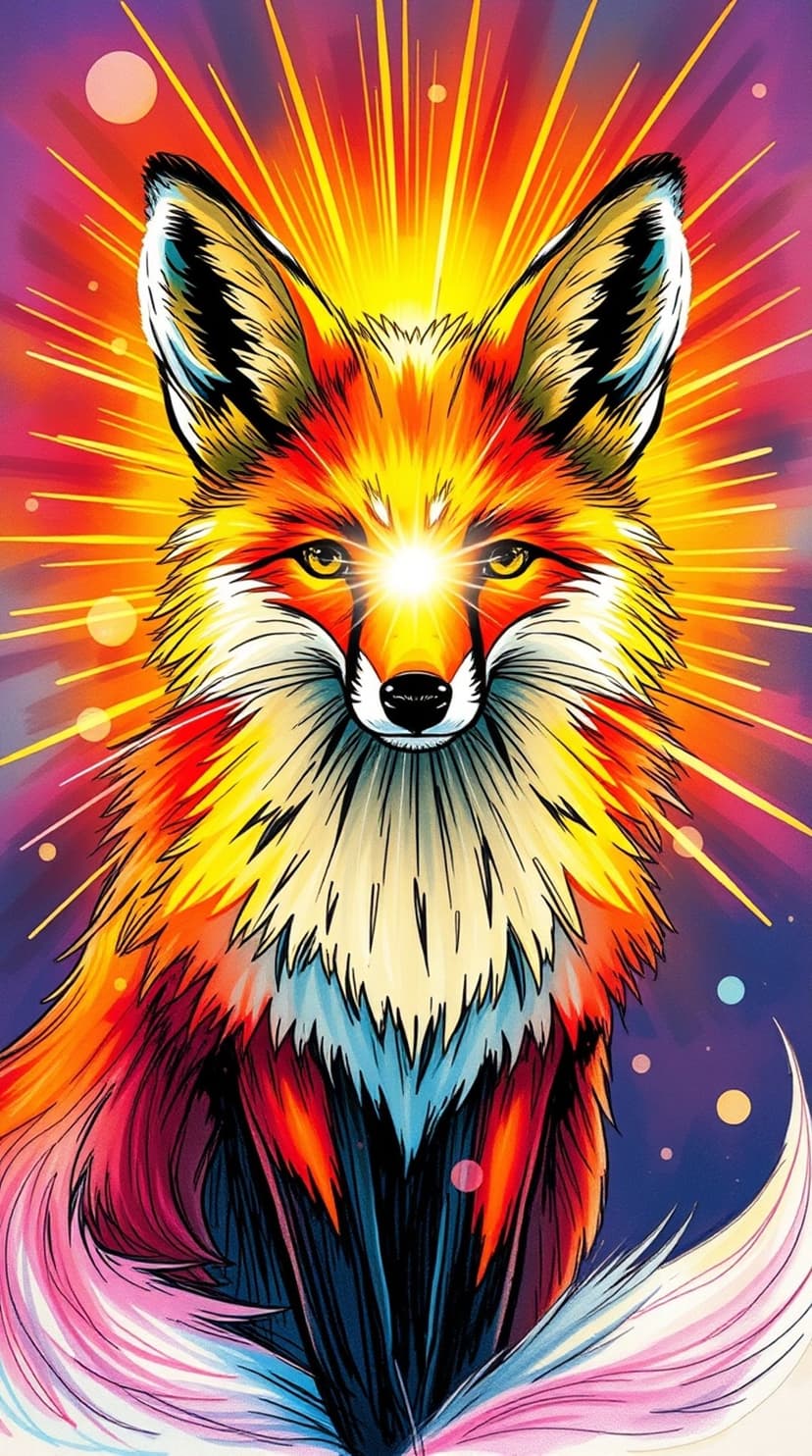 Fox spirit with glowing forehead light and fiery fur sits before a radial explosion of colorful circles and rays.