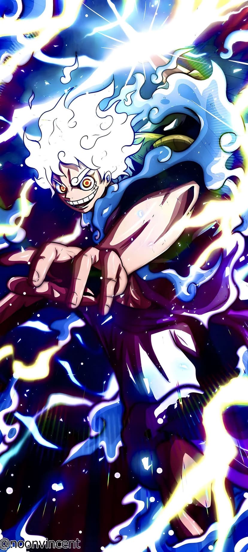 Monkey D. Luffy in Gear 5 form laughs with white hair and blue energy swirls against a dark backdrop.