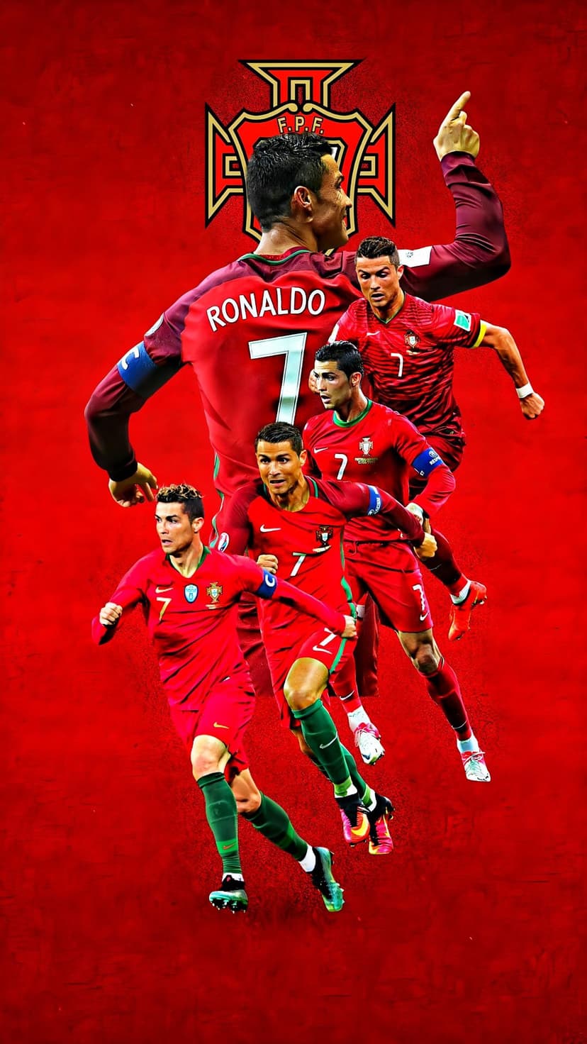 Cristiano Ronaldo wearing the Portugal jersey in a montage style against a textured red background with the team crest.