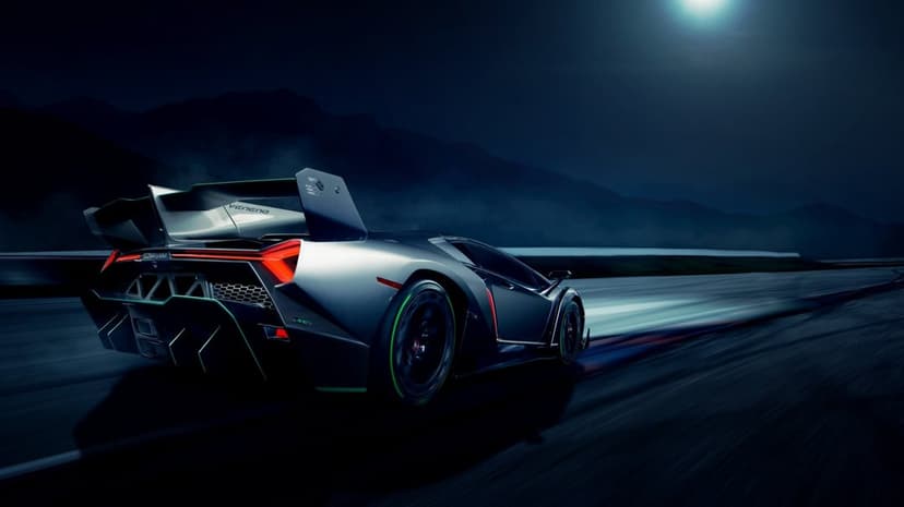 Silver Lamborghini Veneno speeding on a night track with green wheel accents under a glowing full moon.