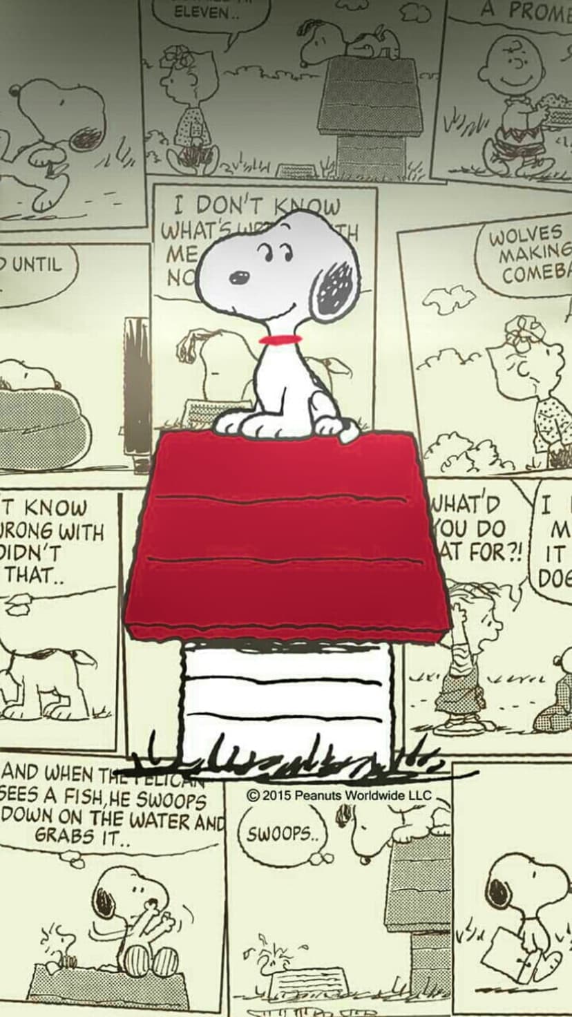 Snoopy sits on a red doghouse surrounded by a collage of Peanuts comic strips with Charlie Brown and Woodstock.