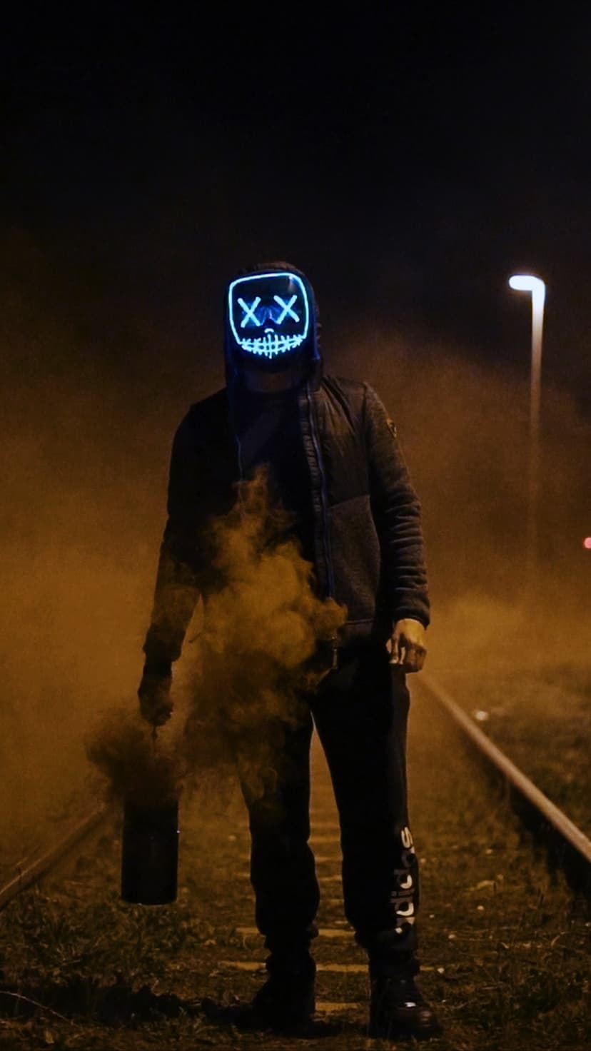 Masked figure with a glowing blue visor stands on dark railroad tracks surrounded by thick reddish-brown smoke.