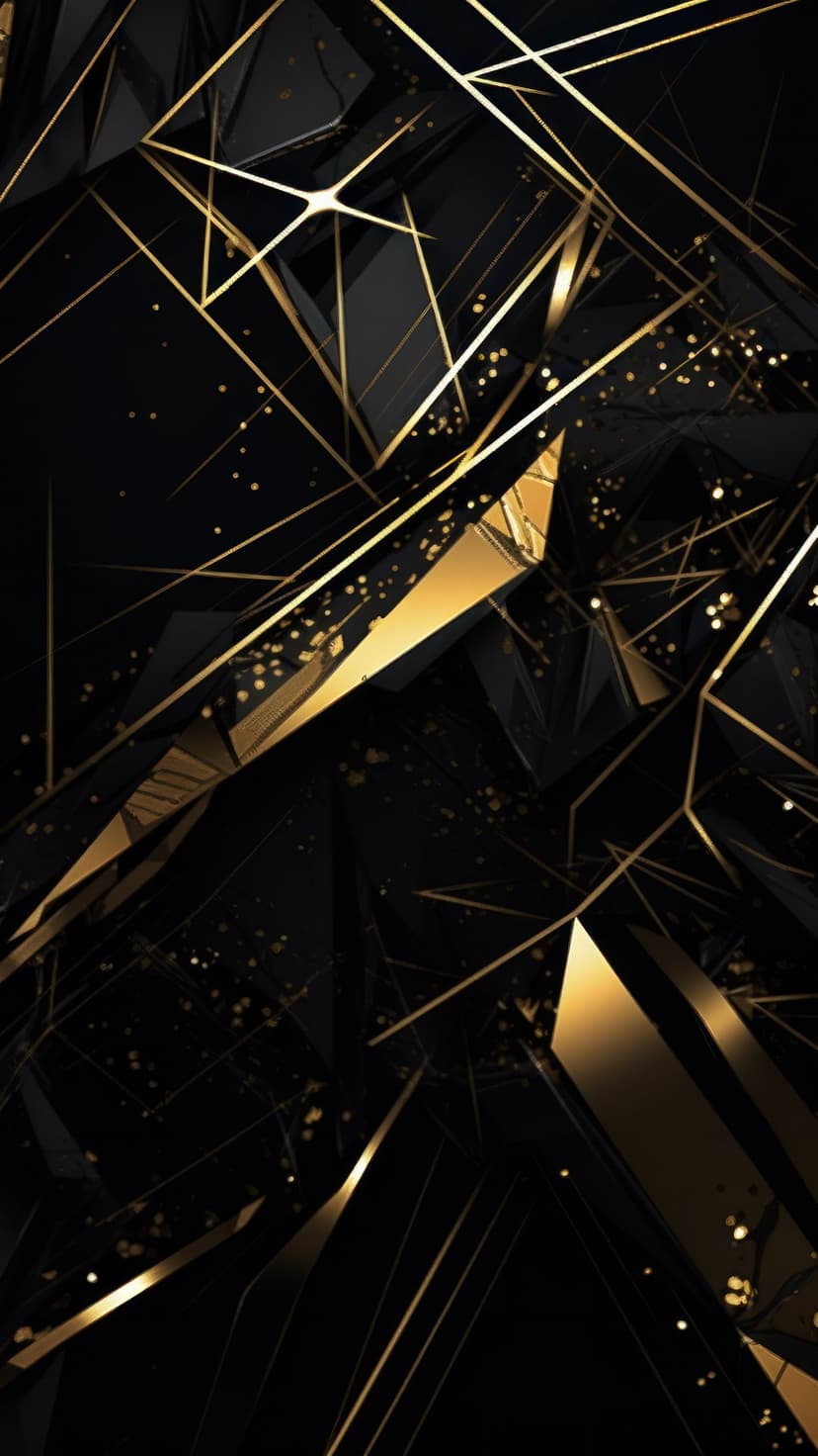 Angular black obsidian shards featuring metallic gold edges and fine glitter particles in a deep dark space.
