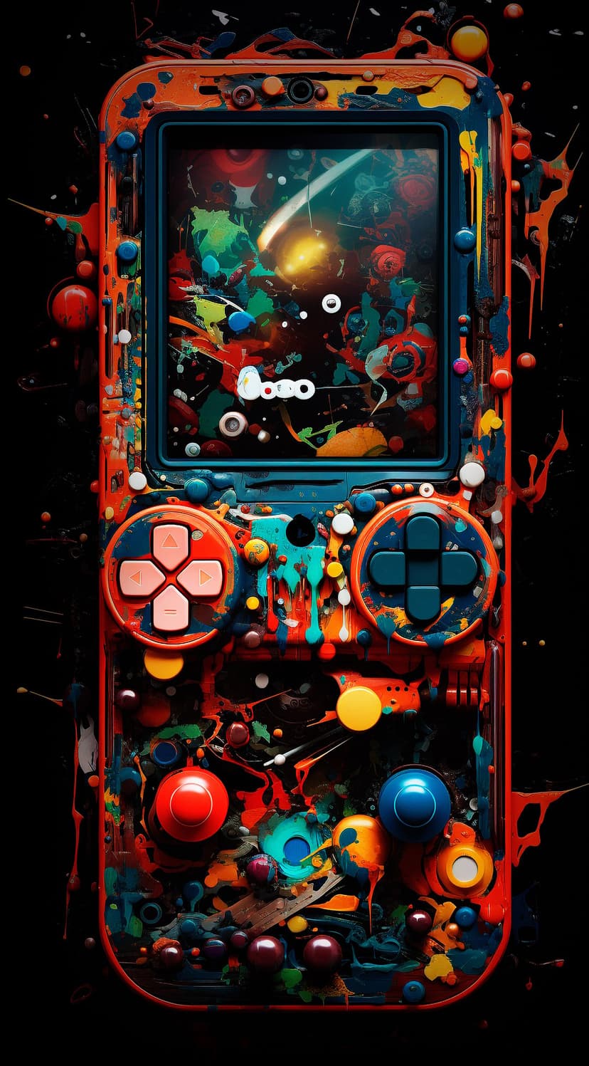 Vintage handheld game console featuring vibrant paint splatters and a glowing abstract screen in a close-up view.