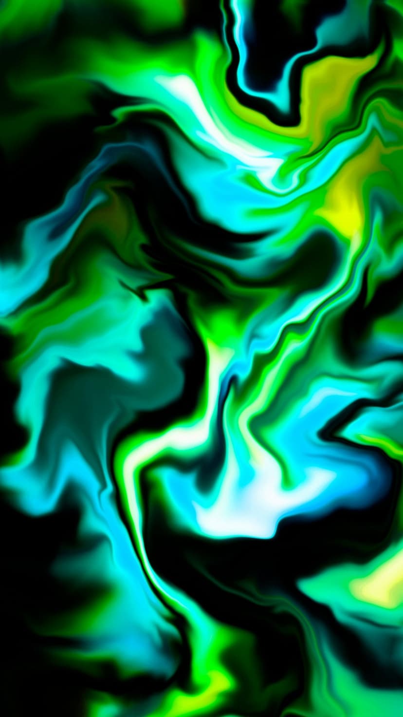 Glowing green and electric blue fluid paint swirls spiral against a black background with yellow highlights.