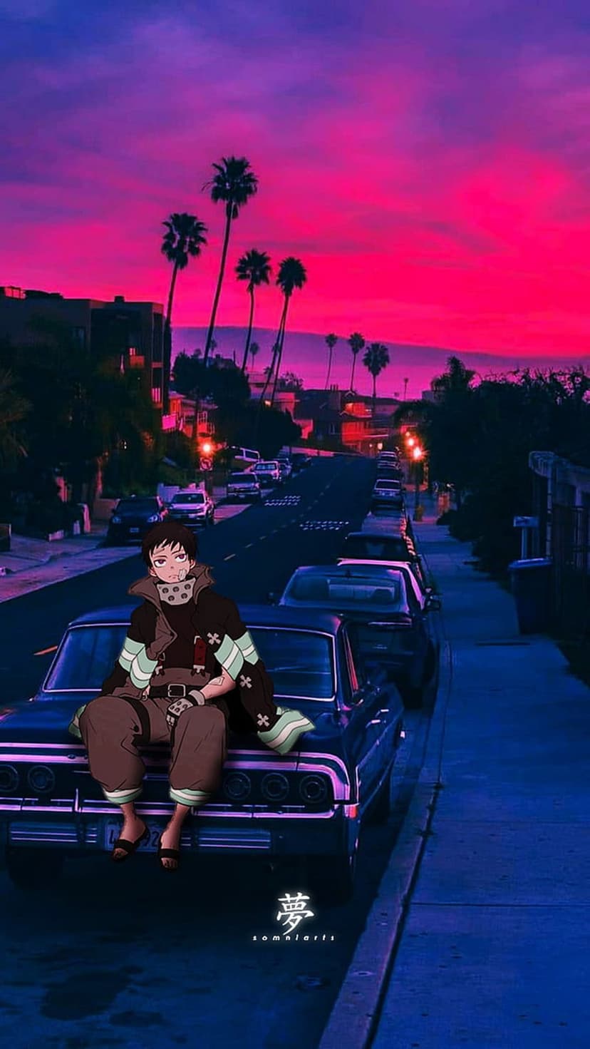 Anime character in a yellow uniform sits on a classic car hood under a purple sunset with palm trees.