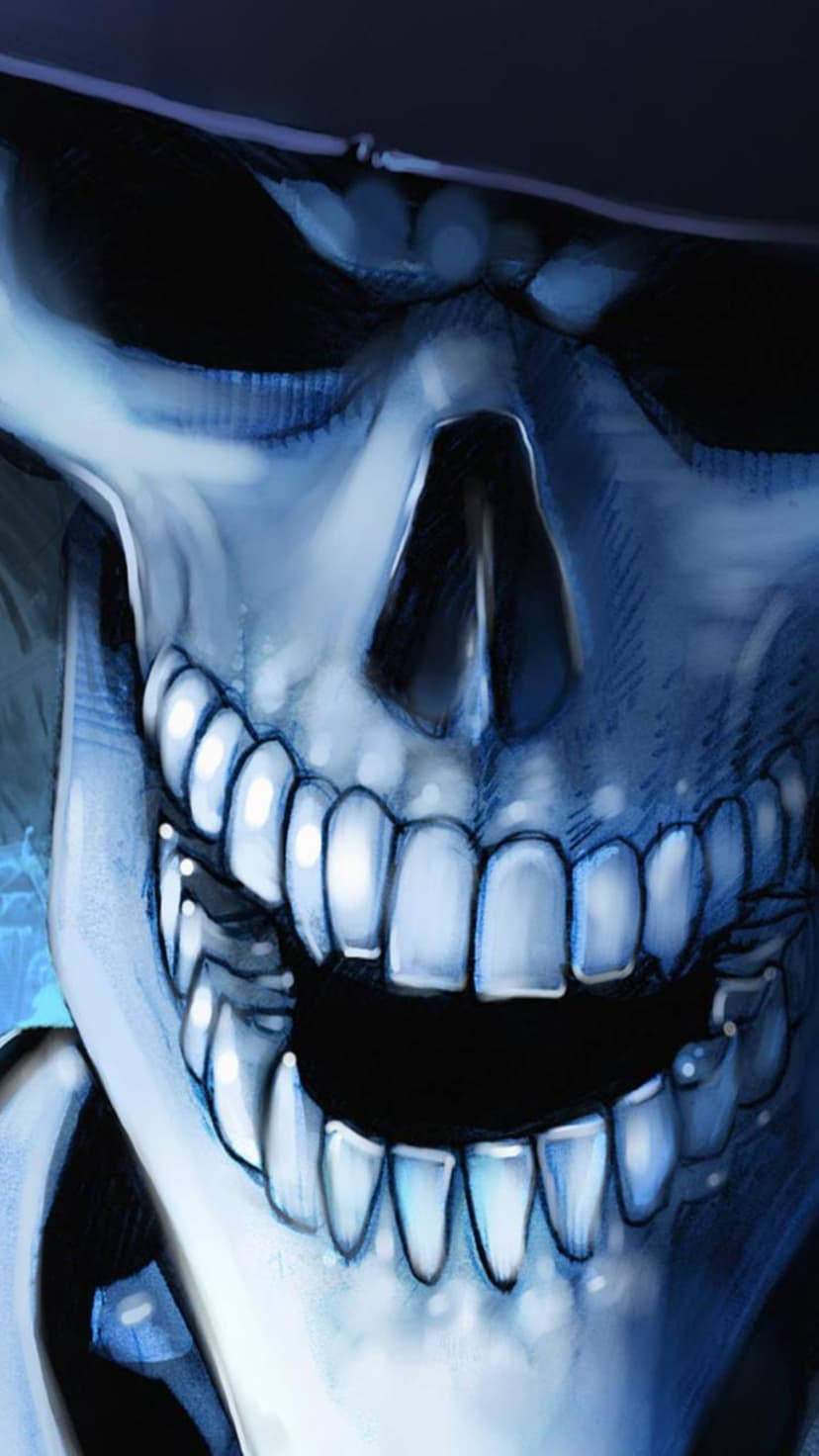 Blue glowing skull with pointed teeth and dark eye sockets against a black background in a vertical layout.