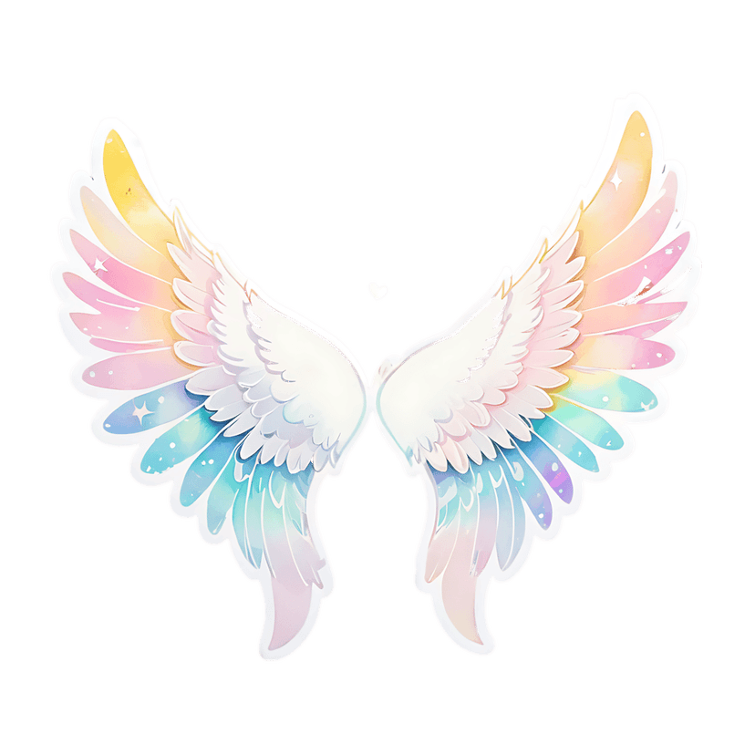 Angel wings watercolor sticker featuring a rainbow pastel gradient, white heart, and glowing star sparkles.