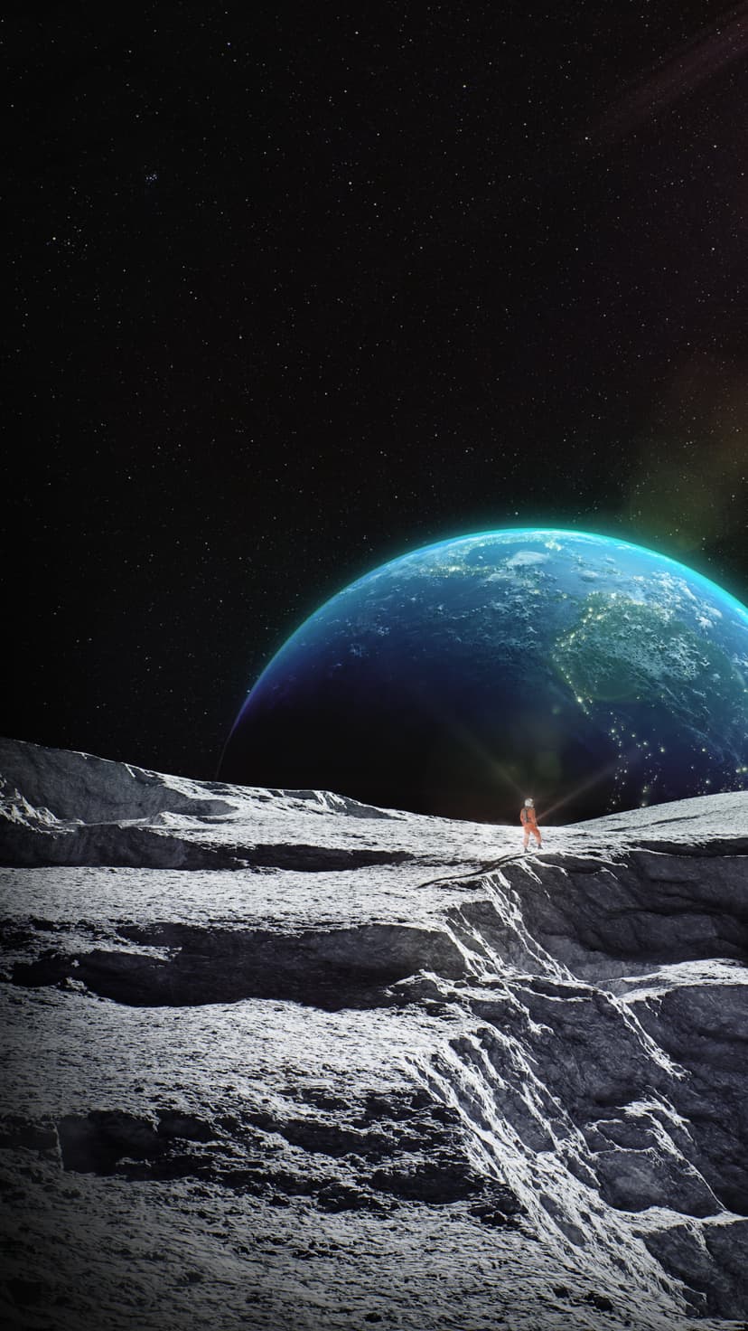 Astronaut in an orange suit stands on the rocky Moon looking at Earth glowing with city lights in deep space.