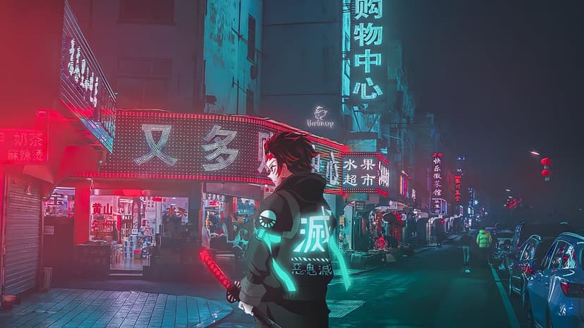 Cybernetic samurai holding a katana in a dark alleyway illuminated by glowing red and blue Asian neon signs.