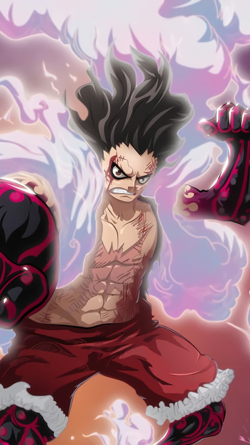 Monkey D. Luffy Gear 5 stands with white flowing hair, glowing red limb patterns, and swirling white aura clouds.