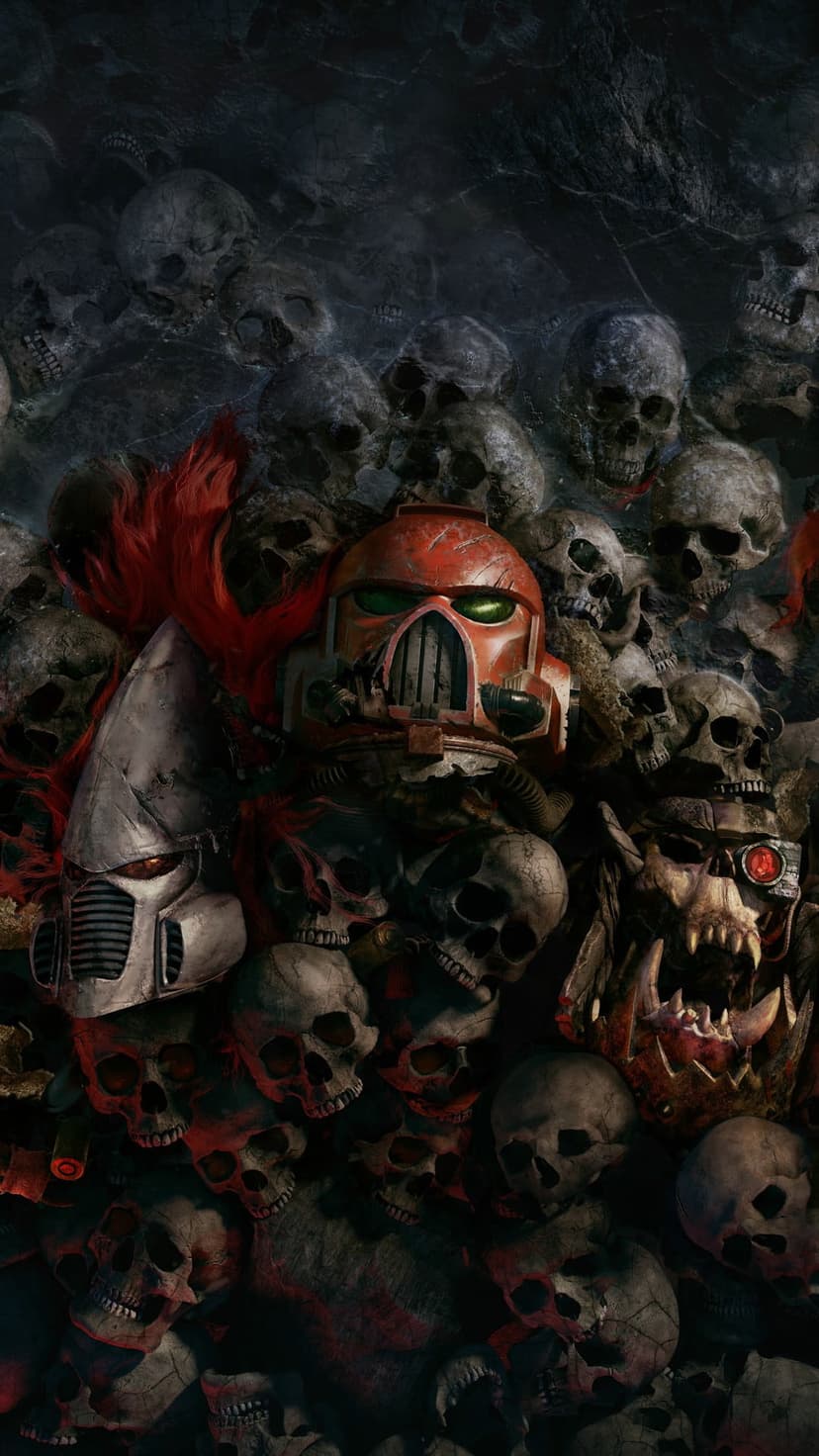 Red-armored Space Marine and a silver metallic warrior stand atop a vast pile of human skulls in a dark void.