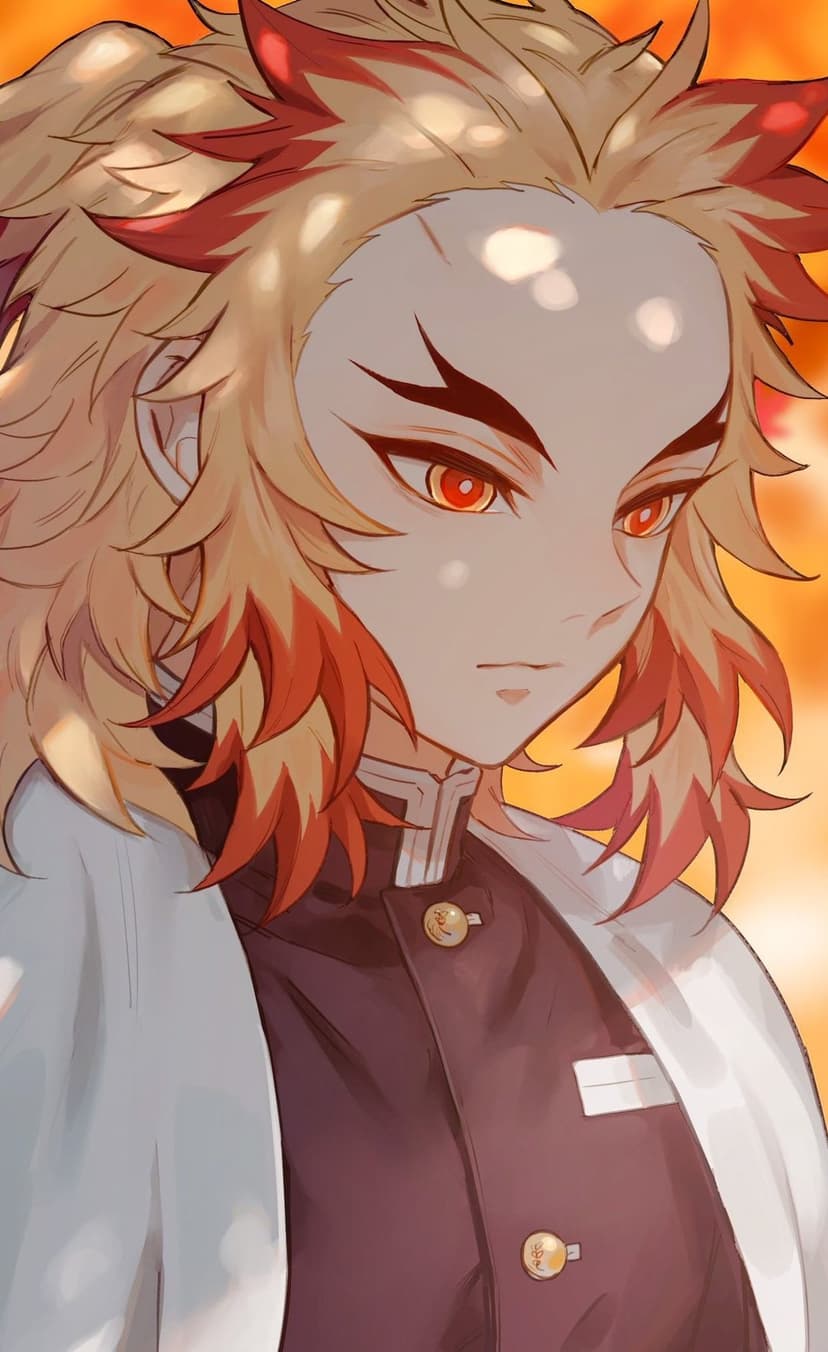 Kyojuro Rengoku with flaming yellow hair and red eyes wearing a white haori against a warm sunset background.