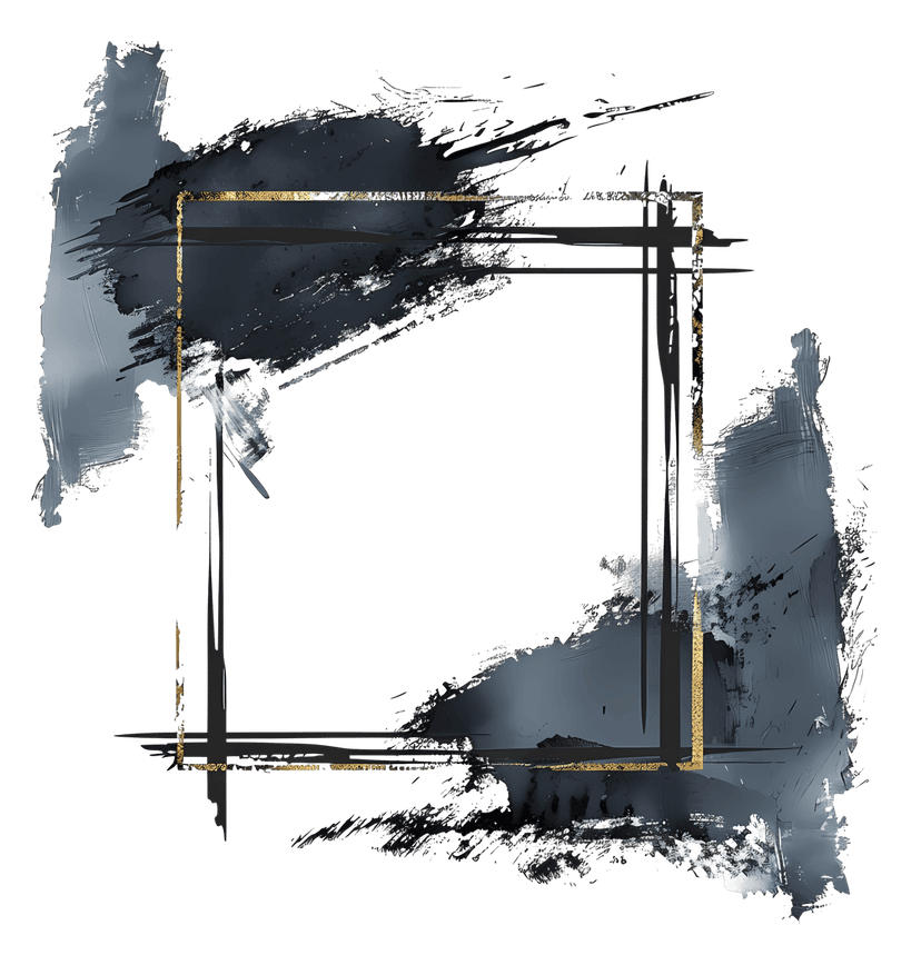 Abstract gold frame featuring black brush strokes and metallic foil textures on a transparent background.