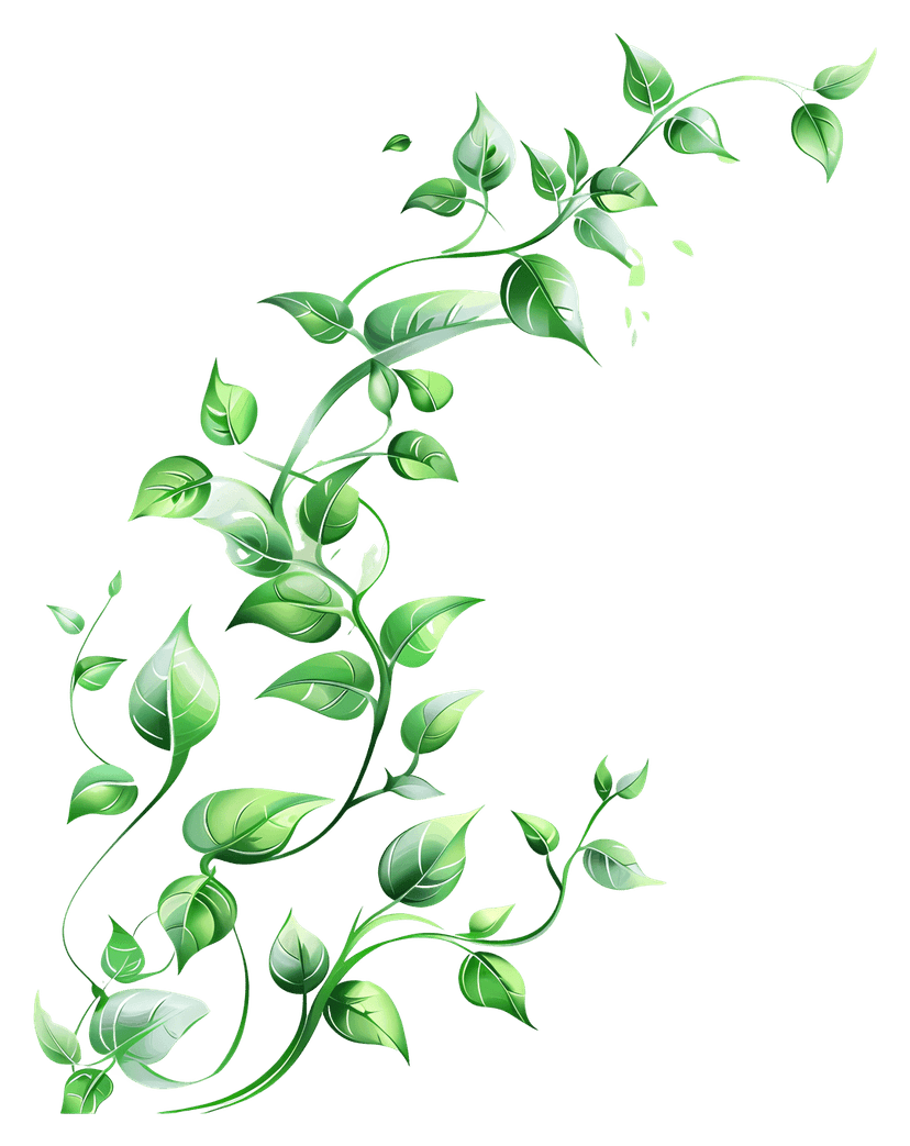 Stylized green vine with leaves climbing in a vertical curve against a transparent background for design.