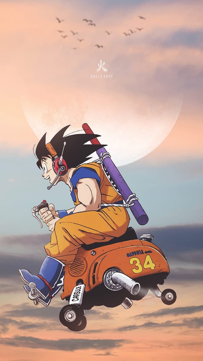 Goku rides an orange scooter labeled Capsule Corp 34 against a sunset sky with a large moon and flying birds.