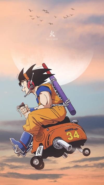 Goku Rides a Capsule Corp Scooter Anime Phone Wallpaper